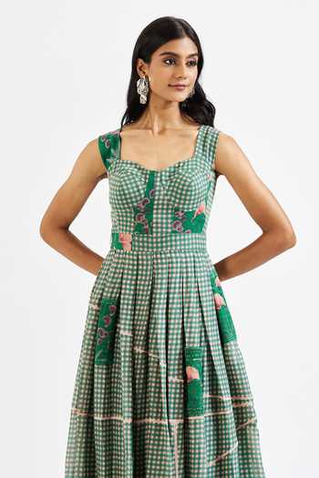 Issa Studio By Chetana & Swathi_Green Cotton Sweetheart Neck Rika Checkered And Patch Floral Print Dress _at_Aza_Fashions
