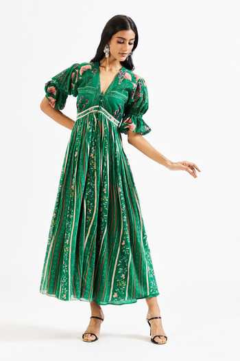 Issa Studio By Chetana & Swathi_Green Cotton, Muslin (mulmul) V-neck Shea Floral Print Puff Sleeve Dress _Online_at_Aza_Fashions