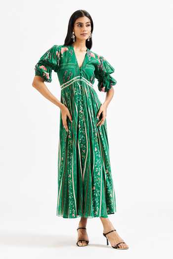 Issa Studio By Chetana & Swathi Shea Floral Print Puff Sleeve Mulmul Cotton Dress 