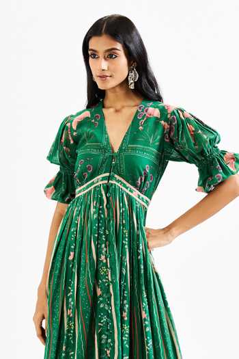 Buy_Issa Studio By Chetana & Swathi_Green Cotton, Muslin (mulmul) V-neck Shea Floral Print Puff Sleeve Dress _Online_at_Aza_Fashions