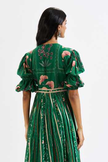 Shop_Issa Studio By Chetana & Swathi_Green Cotton, Muslin (mulmul) V-neck Shea Floral Print Puff Sleeve Dress _Online_at_Aza_Fashions
