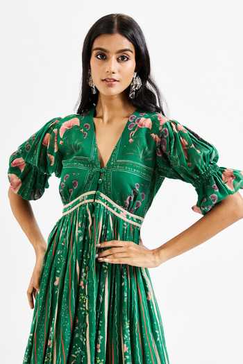 Buy_Issa Studio By Chetana & Swathi_Green Cotton, Muslin (mulmul) V-neck Shea Floral Print Puff Sleeve Dress 