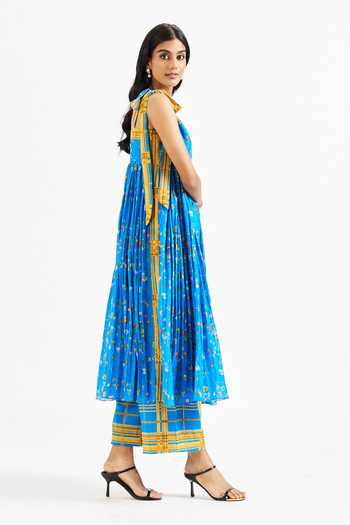 Buy Issa Studio By Chetana & Swathi Blue Cotton, Muslin (mulmul) Yuri Floral Print Anarkali And Checkered Pant Set Online at Aza Fashions Buy_Issa Studio By Chetana & Swathi_Blue Cotton, Muslin (mulmul) Yuri Floral Print Anarkali And Checkered Pant Set _Online_at_Aza_Fashions