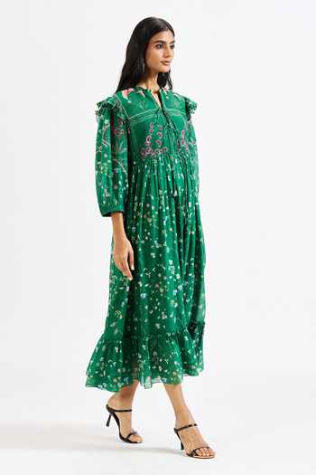 Issa Studio By Chetana & Swathi Green Cotton Keyhole Neck Riri Playful Floral Print Dress Online at Aza Fashions Issa Studio By Chetana & Swathi_Green Cotton Keyhole Neck Riri Playful Floral Print Dress _Online_at_Aza_Fashions