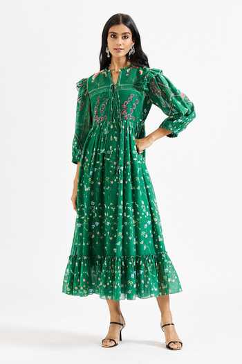 Shop Issa Studio By Chetana & Swathi Green Cotton Keyhole Neck Riri Playful Floral Print Dress Online at Aza Fashions Shop_Issa Studio By Chetana & Swathi_Green Cotton Keyhole Neck Riri Playful Floral Print Dress _Online_at_Aza_Fashions