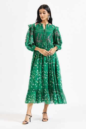 Issa Studio By Chetana & Swathi Green Cotton Keyhole Neck Riri Playful Floral Print Dress at Aza Fashions Issa Studio By Chetana & Swathi_Green Cotton Keyhole Neck Riri Playful Floral Print Dress _at_Aza_Fashions