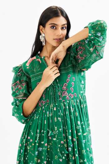 Shop Issa Studio By Chetana & Swathi Green Cotton Keyhole Neck Riri Playful Floral Print Dress Shop_Issa Studio By Chetana & Swathi_Green Cotton Keyhole Neck Riri Playful Floral Print Dress