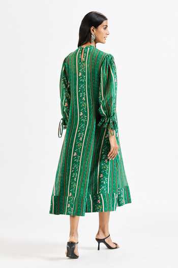 Buy Green Cotton, Muslin (mulmul) High Neck Vero Floral Print Smocked ...