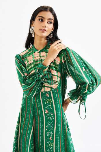 Buy Green Cotton, Muslin (mulmul) High Neck Vero Floral Print Smocked ...