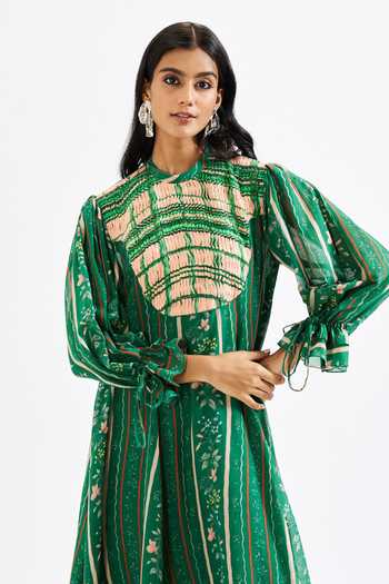 Buy Green Cotton, Muslin (mulmul) High Neck Vero Floral Print Smocked ...