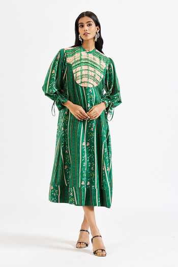 Buy Green Cotton, Muslin (mulmul) High Neck Vero Floral Print Smocked ...