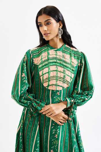 Shop_Issa Studio By Chetana & Swathi_Green Cotton, Muslin (mulmul) High Neck Vero Floral Print Smocked Yoke Dress _Online_at_Aza_Fashions