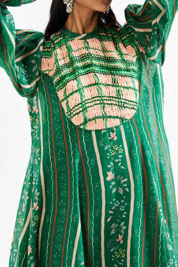 Shop_Issa Studio By Chetana & Swathi_Green Cotton, Muslin (mulmul) High Neck Vero Floral Print Smocked Yoke Dress 