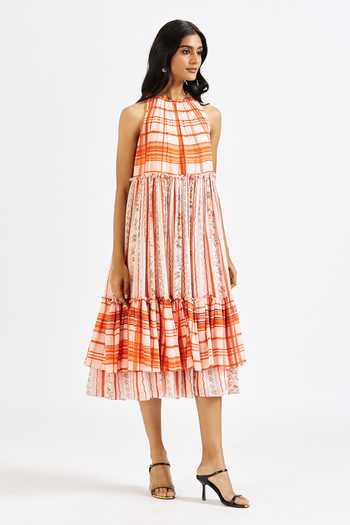 Issa Studio By Chetana & Swathi Multi Color Cotton, Muslin Halter Neck Ella Printed Flared Dress Online at Aza Fashions Issa Studio By Chetana & Swathi_Multi Color Cotton, Muslin Halter Neck Ella Printed Flared Dress _Online_at_Aza_Fashions