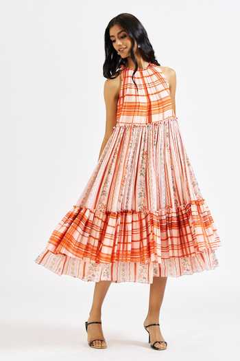 Issa Studio By Chetana & Swathi Multi Color Cotton, Muslin Halter Neck Ella Printed Flared Dress at Aza Fashions Issa Studio By Chetana & Swathi_Multi Color Cotton, Muslin Halter Neck Ella Printed Flared Dress _at_Aza_Fashions