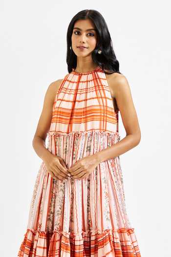 Shop Issa Studio By Chetana & Swathi Multi Color Cotton, Muslin Halter Neck Ella Printed Flared Dress Shop_Issa Studio By Chetana & Swathi_Multi Color Cotton, Muslin Halter Neck Ella Printed Flared Dress