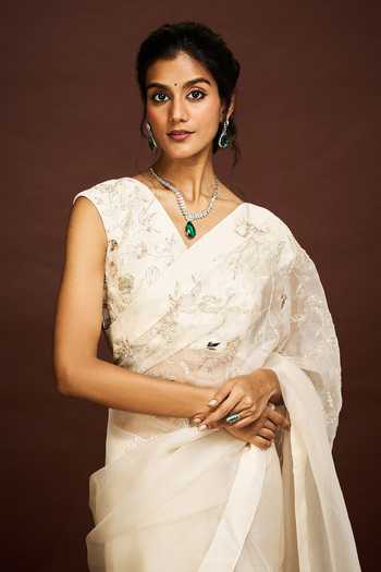 Issa Studio By Chetana & Swathi_Ivory Silk Organza V-neck Sama Embroidered Saree With Blouse _Online_at_Aza_Fashions