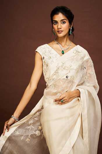 Shop_Issa Studio By Chetana & Swathi_Ivory Silk Organza V-neck Sama Embroidered Saree With Blouse _Online_at_Aza_Fashions
