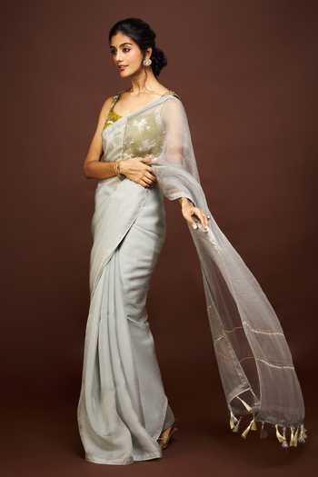 Issa Studio By Chetana & Swathi_Grey Silk Organza Square Neck Adila Saree With Embroidered Blouse _Online_at_Aza_Fashions