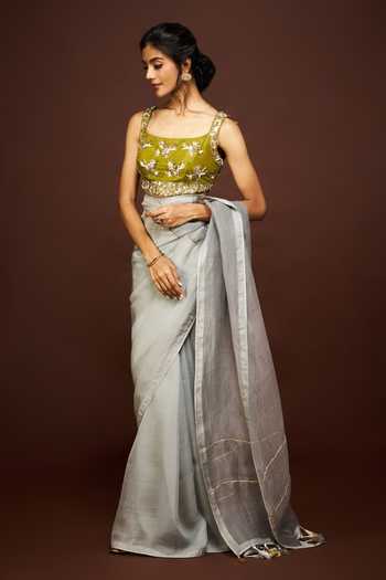 Buy_Issa Studio By Chetana & Swathi_Grey Silk Organza Square Neck Adila Saree With Embroidered Blouse _Online_at_Aza_Fashions