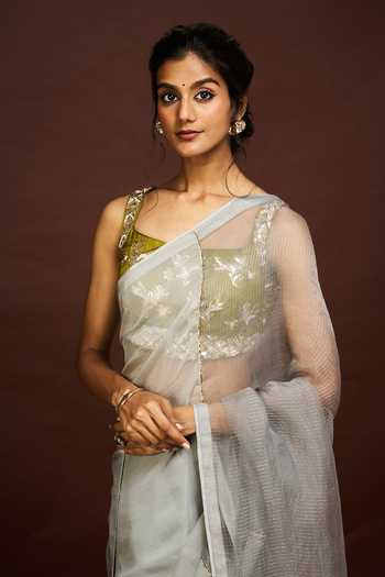 Shop_Issa Studio By Chetana & Swathi_Grey Silk Organza Square Neck Adila Saree With Embroidered Blouse _Online_at_Aza_Fashions