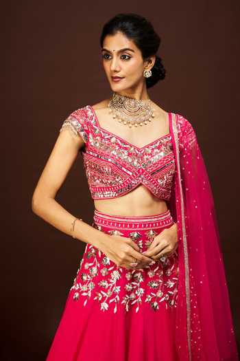 Buy_Issa Studio By Chetana & Swathi_Pink Organza, Net V-neck Idaya Floral Embroidered Blouse Lehenga Set _Online_at_Aza_Fashions