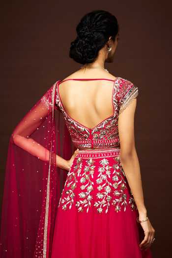 Shop_Issa Studio By Chetana & Swathi_Pink Organza, Net V-neck Idaya Floral Embroidered Blouse Lehenga Set _Online_at_Aza_Fashions