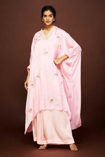 Issa Studio By Chetana & Swathi Peach Organza, Satin V-neck, Yes Nirva Embroidered Kaftan And Dhoti Skirt Set Online at Aza Fashions Issa Studio By Chetana & Swathi_Peach Organza, Satin V-neck, Yes Nirva Embroidered Kaftan And Dhoti Skirt Set _Online_at_Aza_Fashions