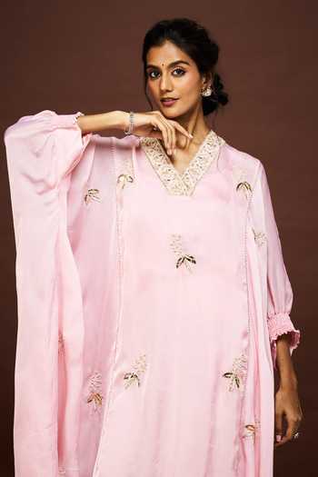 Shop Issa Studio By Chetana & Swathi Peach Organza, Satin V-neck, Yes Nirva Embroidered Kaftan And Dhoti Skirt Set Online at Aza Fashions Shop_Issa Studio By Chetana & Swathi_Peach Organza, Satin V-neck, Yes Nirva Embroidered Kaftan And Dhoti Skirt Set _Online_at_Aza_Fashions
