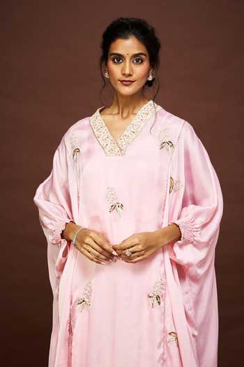 Issa Studio By Chetana & Swathi Peach Organza, Satin V-neck, Yes Nirva Embroidered Kaftan And Dhoti Skirt Set at Aza Fashions Issa Studio By Chetana & Swathi_Peach Organza, Satin V-neck, Yes Nirva Embroidered Kaftan And Dhoti Skirt Set _at_Aza_Fashions