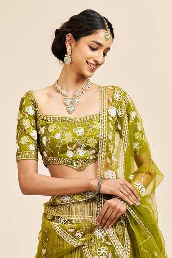 Issa Studio By Chetana & Swathi Green Silk, Net Viha Lehenga Embroidered Blouse Set at Aza Fashions Issa Studio By Chetana & Swathi_Green Silk, Net Viha Lehenga Embroidered Blouse Set _at_Aza_Fashions