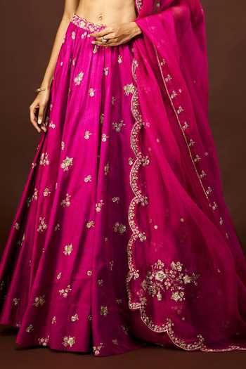 Issa Studio By Chetana & Swathi Magenta Silk, Organza Boat Neck Tisha Floral Embroidered Lehenga Set Online at Aza Fashions Issa Studio By Chetana & Swathi_Magenta Silk, Organza Boat Neck Tisha Floral Embroidered Lehenga Set _Online_at_Aza_Fashions