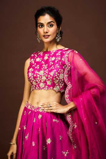 Buy Issa Studio By Chetana & Swathi Magenta Silk, Organza Boat Neck Tisha Floral Embroidered Lehenga Set Online at Aza Fashions Buy_Issa Studio By Chetana & Swathi_Magenta Silk, Organza Boat Neck Tisha Floral Embroidered Lehenga Set _Online_at_Aza_Fashions