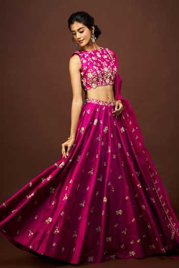 Shop Issa Studio By Chetana & Swathi Magenta Silk, Organza Boat Neck Tisha Floral Embroidered Lehenga Set Online at Aza Fashions Shop_Issa Studio By Chetana & Swathi_Magenta Silk, Organza Boat Neck Tisha Floral Embroidered Lehenga Set _Online_at_Aza_Fashions