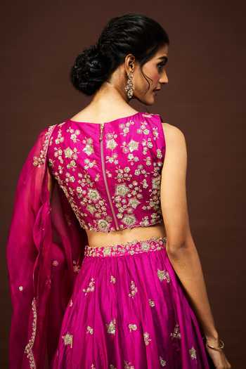 Issa Studio By Chetana & Swathi Magenta Silk, Organza Boat Neck Tisha Floral Embroidered Lehenga Set at Aza Fashions Issa Studio By Chetana & Swathi_Magenta Silk, Organza Boat Neck Tisha Floral Embroidered Lehenga Set _at_Aza_Fashions