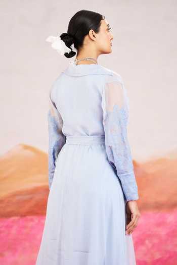 Issa Studio By Chetana & Swathi_Blue Organza, Satin V-neck, Open Alora Embroidered Sleeve Jacket And Dress Set _Online_at_Aza_Fashions