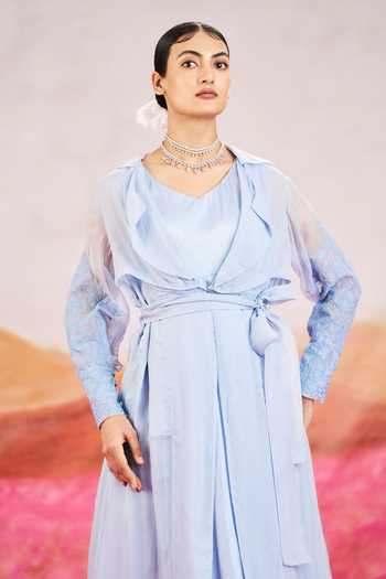 Buy_Issa Studio By Chetana & Swathi_Blue Organza, Satin V-neck, Open Alora Embroidered Sleeve Jacket And Dress Set _Online_at_Aza_Fashions