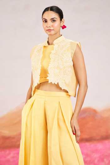 Issa Studio By Chetana & Swathi Yellow Organza, Satin Mandarin Collar Aria Floral Embroidered Jacket And Pant Set Online at Aza Fashions Issa Studio By Chetana & Swathi_Yellow Organza, Satin Mandarin Collar Aria Floral Embroidered Jacket And Pant Set _Online_at_Aza_Fashions