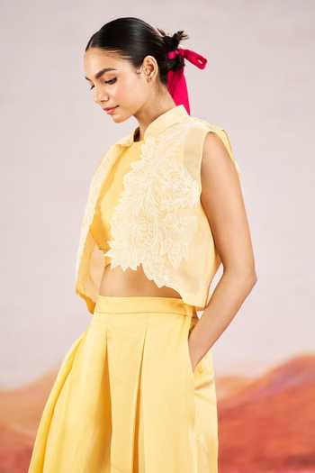 Buy Issa Studio By Chetana & Swathi Yellow Organza, Satin Mandarin Collar Aria Floral Embroidered Jacket And Pant Set Online at Aza Fashions Buy_Issa Studio By Chetana & Swathi_Yellow Organza, Satin Mandarin Collar Aria Floral Embroidered Jacket And Pant Set _Online_at_Aza_Fashions