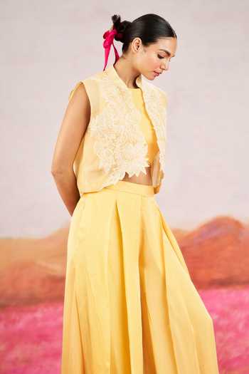 Shop Issa Studio By Chetana & Swathi Yellow Organza, Satin Mandarin Collar Aria Floral Embroidered Jacket And Pant Set Online at Aza Fashions Shop_Issa Studio By Chetana & Swathi_Yellow Organza, Satin Mandarin Collar Aria Floral Embroidered Jacket And Pant Set _Online_at_Aza_Fashions