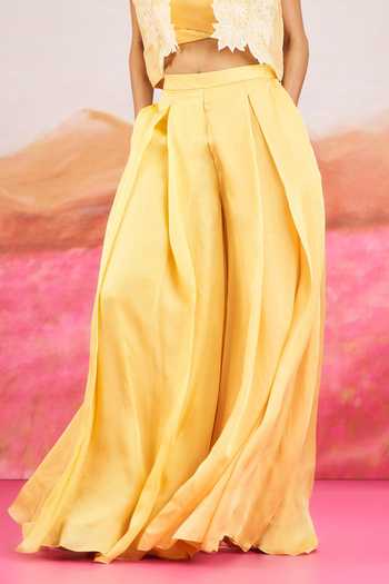 Issa Studio By Chetana & Swathi Yellow Organza, Satin Mandarin Collar Aria Floral Embroidered Jacket And Pant Set at Aza Fashions Issa Studio By Chetana & Swathi_Yellow Organza, Satin Mandarin Collar Aria Floral Embroidered Jacket And Pant Set _at_Aza_Fashions