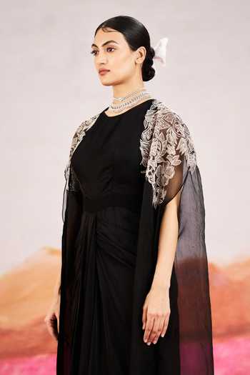 Issa Studio By Chetana & Swathi_Black , , Crepe, Round Neck Ayla Draped Dress With Cape _Online_at_Aza_Fashions