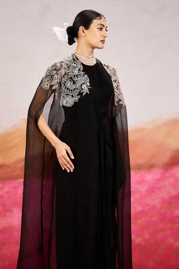 Buy_Issa Studio By Chetana & Swathi_Black , , Crepe, Round Neck Ayla Draped Dress With Cape _Online_at_Aza_Fashions