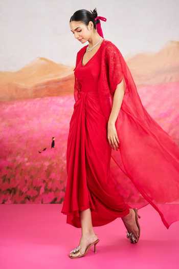 Shop Issa Studio By Chetana & Swathi Red Silk, Organza, Crepe V-neck Ayla Draped Dress With Long Cape at Aza Fashions Shop_Issa Studio By Chetana & Swathi_Red Silk, Organza, Crepe V-neck Ayla Draped Dress With Long Cape _at_Aza_Fashions