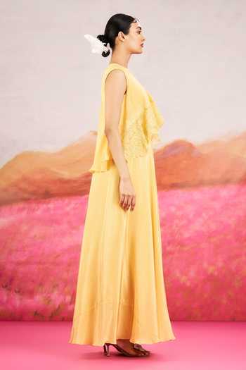 Issa Studio By Chetana & Swathi_Yellow Crepe V-neck Mila Embroidered Layered Cape Dress _Online_at_Aza_Fashions