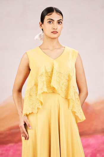 Buy_Issa Studio By Chetana & Swathi_Yellow Crepe V-neck Mila Embroidered Layered Cape Dress _Online_at_Aza_Fashions