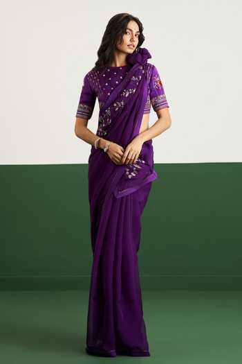 Issa Studio By Chetana & Swathi_Purple Silk, Organza Round Neck Natalie Saree With Embroidered Blouse _Online_at_Aza_Fashions