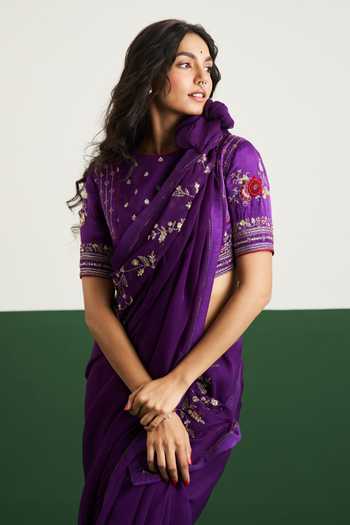 Buy_Issa Studio By Chetana & Swathi_Purple Silk, Organza Round Neck Natalie Saree With Embroidered Blouse _Online_at_Aza_Fashions