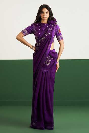 Shop_Issa Studio By Chetana & Swathi_Purple Silk, Organza Round Neck Natalie Saree With Embroidered Blouse _Online_at_Aza_Fashions