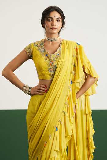 Issa Studio By Chetana & Swathi Yellow Georgette, Net V-neck Ziva Pre-draped Ruffle Saree And Blouse Online at Aza Fashions Issa Studio By Chetana & Swathi_Yellow Georgette, Net V-neck Ziva Pre-draped Ruffle Saree And Blouse _Online_at_Aza_Fashions